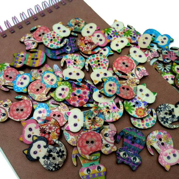 Crafts Wooden DIY Sewing 50 Pcs Scrapbooking 2 Holes Retro Buttons Cake Cat 